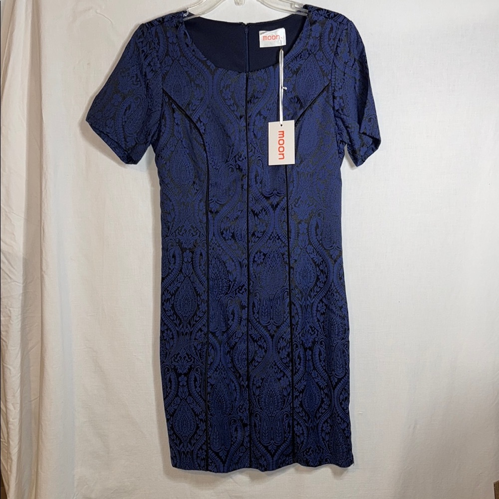 Moon Blue Fitted Embellished Short Sleeve Dress